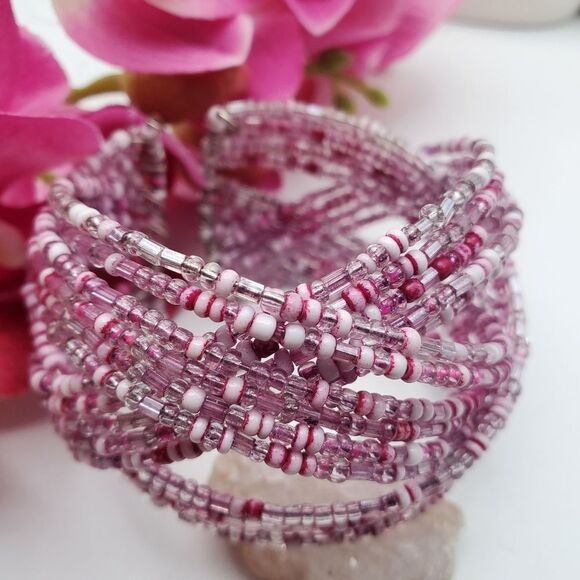 Crystal‎ pink seed beaded celtic twist bracelet cuff barbiecore B0717 - Picture 2 of 2